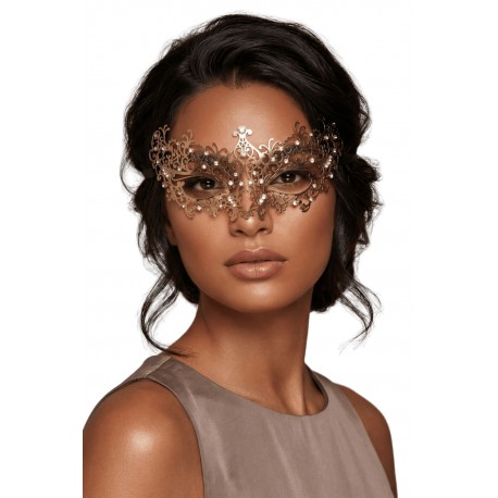 Masque vénitien Chiara rigide doré avec strass - HMJ-016B