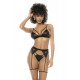Ensemble 3 pièces Rika en wetlook noir, soutien gorge, porte jarretelles avec jarretières et string assorti 