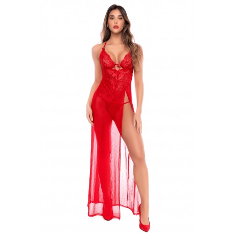 Robe longue transparente rouge en dentelle et résille avec string - Mapalé