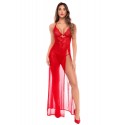 Robe longue transparente rouge en dentelle et résille avec string - Mapalé
