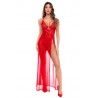 Robe longue transparente rouge en dentelle et résille avec string - Mapalé