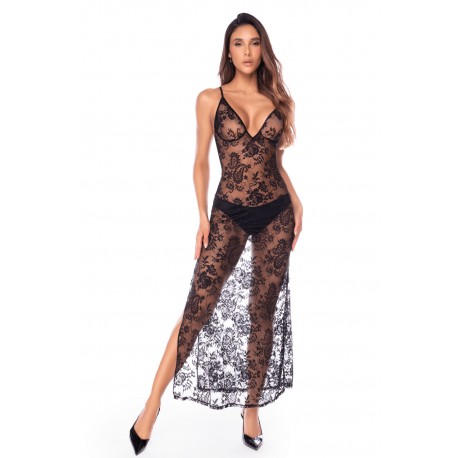 Nuisette transparente noire en dentelle avec décolleté plongeant et fentes latérales - Mapalé