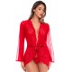 Peignoir transparent rouge en résille plumetis et dentelle avec string - Mapalé
