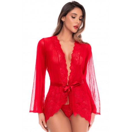 Peignoir transparent rouge en résille plumetis et dentelle avec string - Mapalé