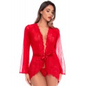 Peignoir transparent rouge en résille plumetis et dentelle avec string - Mapalé