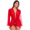 Peignoir transparent rouge en résille plumetis et dentelle avec string - Mapalé