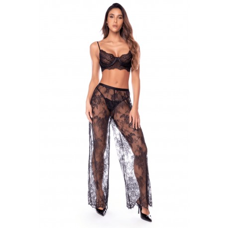 Ensemble 3 pièces en dentelle noire avec pantalon transparent - Mapalé