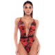 Body noir et rouge en résille transparente avec imprimé et décolleté plongeant - Mapalé