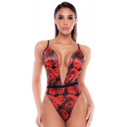 Body noir et rouge en résille transparente avec imprimé et décolleté plongeant - Mapalé