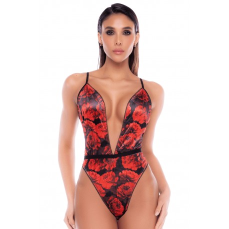 Body noir et rouge en résille transparente avec imprimé et décolleté plongeant - Mapalé