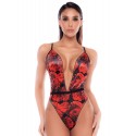 Body noir et rouge en résille transparente avec imprimé et décolleté plongeant - Mapalé