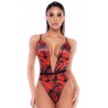 Body noir et rouge en résille transparente avec imprimé et décolleté plongeant - Mapalé