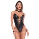 Body wetlook noir avec laçage et chaînes - Mapalé