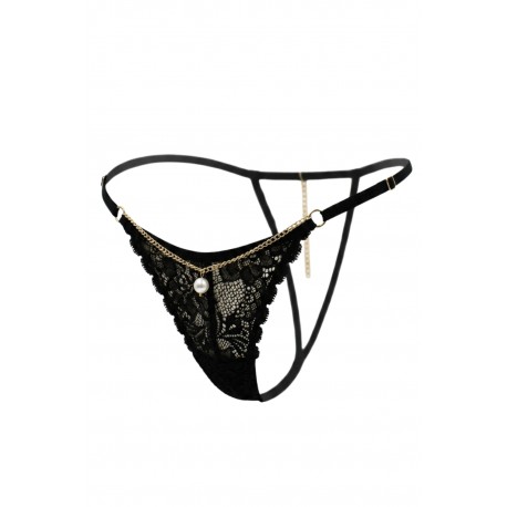 String noir en dentelle avec bijou et chaîne dorée - PM06G-BBLK