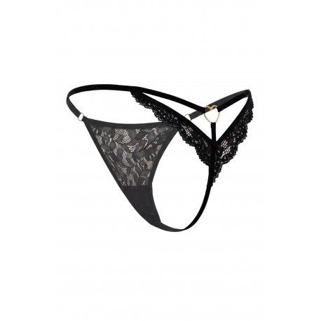 String noir en dentelle avec bijou cœur doré - PA02MBLK