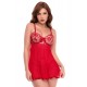 Nuisette transparente rouge rubis avec bonnets brodés à armatures et string - Mapalé