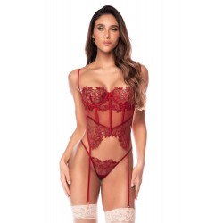 Ensemble 2 pièces avec bustier en dentelle brodée bois de rose, jarretelles et string - Mapalé