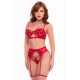 Ensemble 3 pièces rouge écarlate avec soutien-gorge brodé de sequins, porte-jarretelles et string - Mapalé