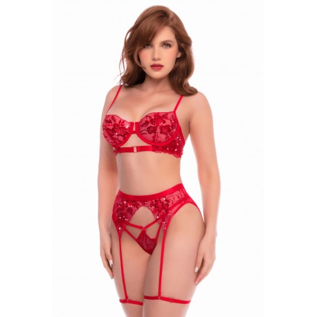 Ensemble 3 pièces rouge écarlate avec soutien-gorge brodé de sequins, porte-jarretelles et string - Mapalé