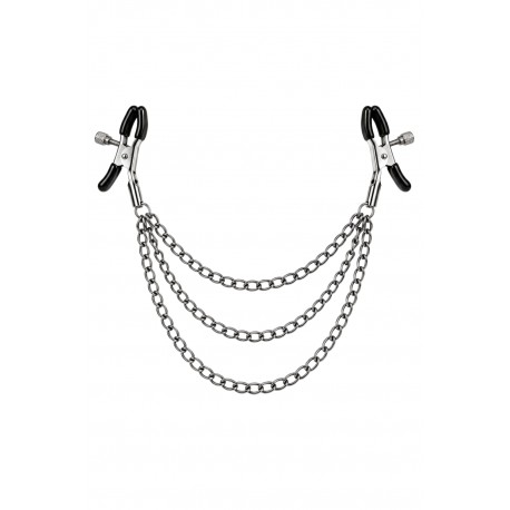 Pinces à seins réglables avec 3 chaînettes, gris métallisé - Dreamy Fetish