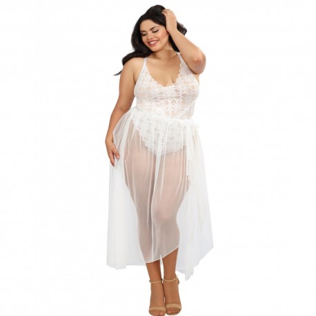 Body string grande taille blanc échancré dentelle avec jupe de maille transparente amovible