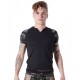 T-shirt noir sexy armée déco camouflage sur les manches et col rond ouvert