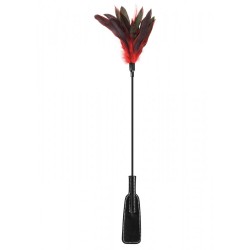 Cravache noire bdsm avec plumes noires rouges