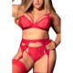 Ensemble 3 pièces rouge grande taille soutien-gorge string porte-jarretelles