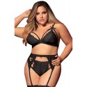 Ensemble 3 pièces noir grande taille soutien-gorge string porte-jarretelles