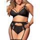 Ensemble 3 pièces noir grande taille soutien-gorge string porte-jarretelles