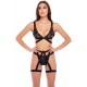 Ensemble pièces soutien-gorge, string et porte jarretelles - REN53022-BLK