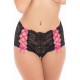 Shorty noir en dentelle et rubans entrecroisés rose sur les côtés - REN1162-BLK