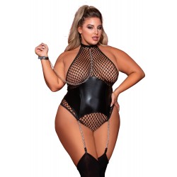 Body grande taille large résille et porte jarretelle simili cuir avec chainettes - DG12495XBLK