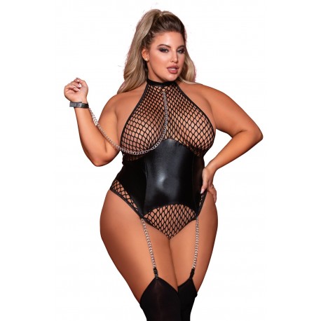 Body grande taille large résille et porte jarretelle simili cuir avec chainettes - DG12495XBLK