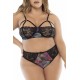 Deux-en-un, nuisette et ensemble trois pièces noir, grande taille, tissu fleur exotique - MAL7496XBLK