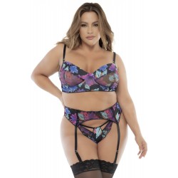 Ensemble trois pièces noir, grande taille, imprimé fleurs exotiques- MAL8770XPRT