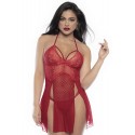 Nuisette dos nu en dentelle rouge et fine résille avec string assorti - MAL7506RED