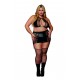 Soutien gorge et jupe porte jarretelles grande taille en résille et simili cuir - DG13290XBLK