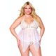 Babydoll et string grande taille en résille et dentelle blanche - DG13314WHT