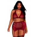 Ensemble 4 pièces grande taille soutien gorge, tour de cou, string et porte jarretelles rouge - DG11776XGAR