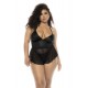 Body effet babydoll Pearl grande taille en wetlook noir et résille, bretelles réglables, zip fonctionnel au dos -...