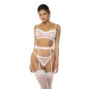 Ensemble 3 pièces blanc Emmie, soutien gorge, porte jarretelles avec fausse fourrure et string assorti - MAL8841WHT