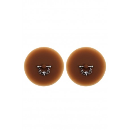 Paire de cache-tétons piercing barre demi-anneau faux diamant peau foncée - XP008F