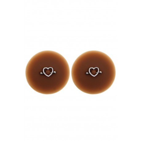 Paire de cache-tétons piercing barre coeur faux diamant peau foncée - XP004F