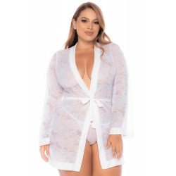 Peignoir grande taille en dentelle blanche - MAL7611XWHT