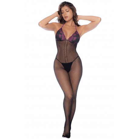 Combinaison en résille et dentelle noire et violette - MAL1122BKPU
