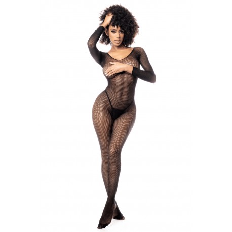 Combinaison manches longues en résille noire - MAL1102BLK