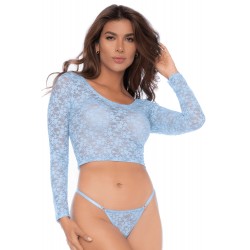Ensemble 2 pièces en dentelle bleue pastel, crop top et string - MAL8918LBLU
