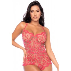 Combishort en dentelle transparente couleur cerise - MAL7543CHRY