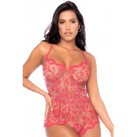 Combishort en dentelle transparente couleur cerise - MAL7543CHRY